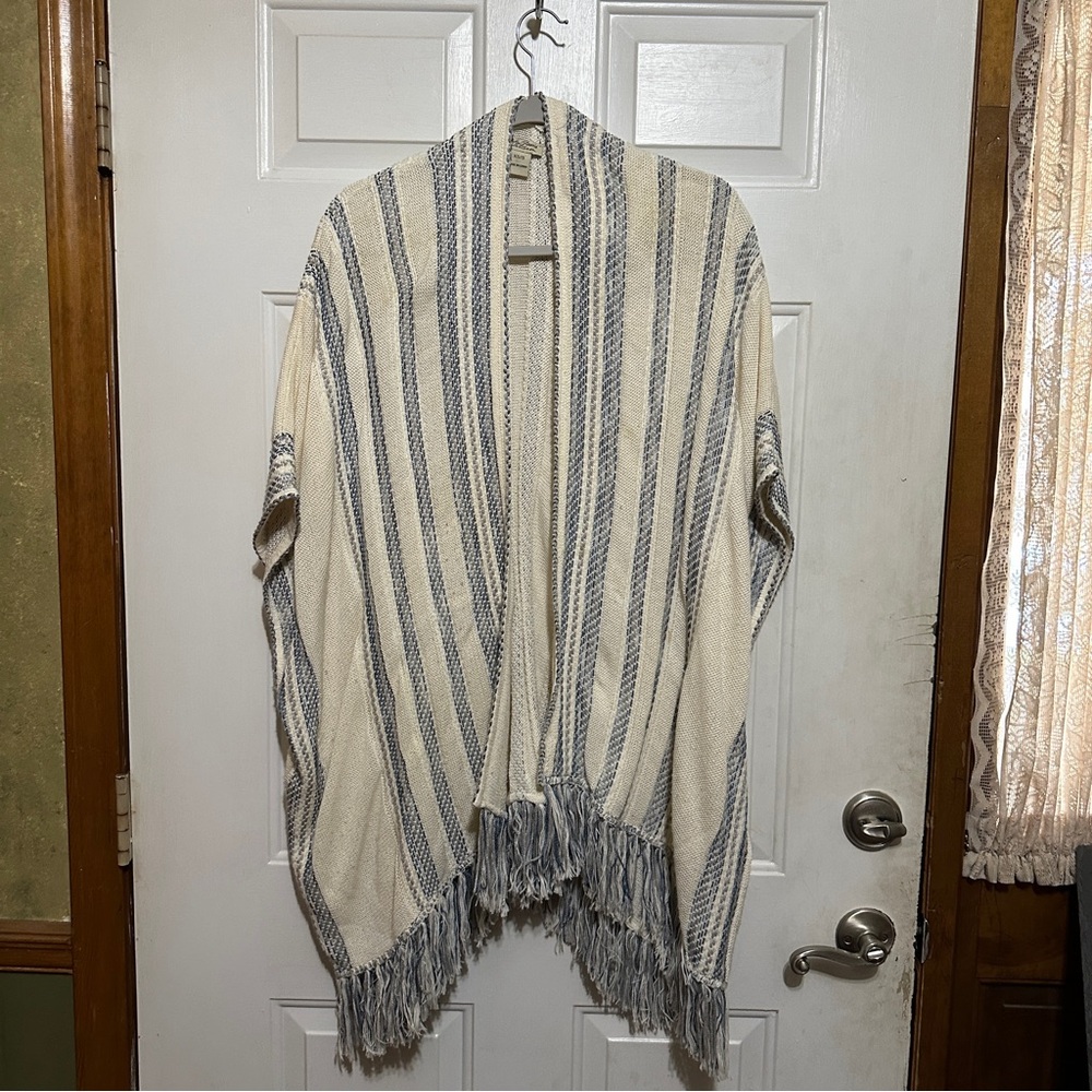 Lucky Brand Poncho Women XS/S Ivory Blue Stripe Coverup Fringe Coastal Core Boho